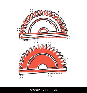 Sägeblatt-Ikone im Comic-Stil. Kreisförmige Maschine Cartoon Vektor-Illustration auf weißem isolierten Hintergrund. Geschäftskonzept mit drehbarer Scheibe mit Splash-Effekt. Stock Vektor