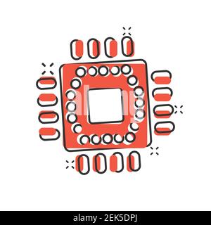Computer cpu Icon im Comic Stil. Leiterplatte Cartoon Vektor Illustration auf weißem isolierten Hintergrund. Motherboard Chip Splash Effect Business Konz Stock Vektor