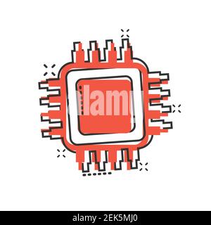 Computer cpu Icon im Comic Stil. Leiterplatte Cartoon Vektor Illustration auf weißem isolierten Hintergrund. Motherboard Chip Splash Effect Business Konz Stock Vektor