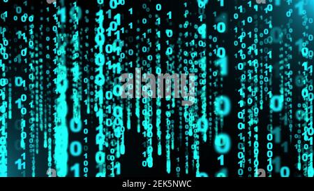 3D Rendern von Webhintergrund mit Matrixdaten. Programmiercode mit Zahlen, die durch den Computerbildschirm laufen, Computer generiert Stockfoto