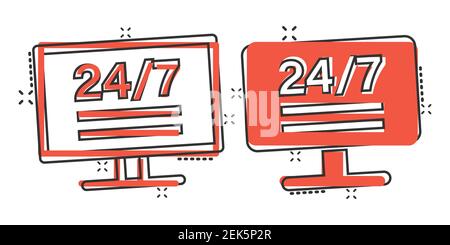 24/7 Computer-Ikone im Comic-Stil. Ganztägig Service Cartoon Vektor-Illustration auf weißem isolierten Hintergrund. Unterstützung des Geschäftskonzepts Splash Effect. Stock Vektor