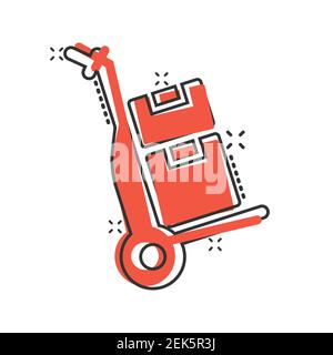 Cargo Trolley-Symbol im Comic-Stil. Lieferbox Cartoon Vektor Illustration auf weißem isolierten Hintergrund. Box Versand Splash-Effekt Geschäftskonzept. Stock Vektor