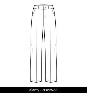 Hose tailored technische Mode Illustration mit niedriger Taille, Bund, voller Länge, schräg aufgeschnittenen Taschen, Gürtelschlaufen. Flatbottom Hose Bekleidungsschablone vorne, weiß. Männer Unisex CAD Mockup Stock Vektor