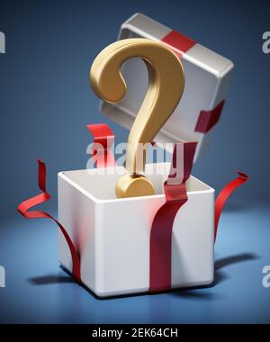 Goldenes Fragezeichen in offener geschenkbox. 3D Abbildung. Stockfoto