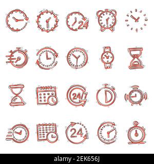 Time-Symbol im Comic-Stil gesetzt. Agenda Uhr Cartoon Vektor Illustration auf weißem Hintergrund isoliert. Sandglas, Armbanduhr Timer Splash-Effekt Geschäft Stock Vektor