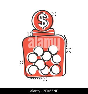 Money Box-Symbol im Comic-Stil. Münze Glas Container Cartoon Vektor-Illustration auf weißem isolierten Hintergrund. Spende Geldbox Splash Effekt Geschäft c Stock Vektor