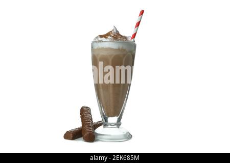 Schokoladen-Milchshake und Schokoladen-Sticks isoliert auf weißem Hintergrund Stockfoto