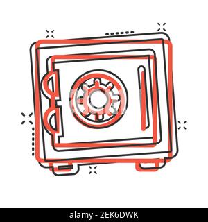 Safe Money-Ikone im Comic-Stil. Strongbox Cartoon Vektor-Illustration auf weißem isolierten Hintergrund. Geschäftskonzept mit Splash-Effekt für die Finanzsicherheit. Stock Vektor