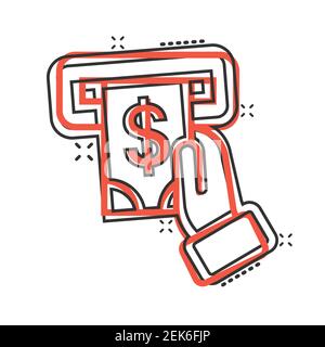 Geldautomaten-Ikone im Comic-Stil. Exchange Cash Cartoon Vektor-Illustration auf weißem isolierten Hintergrund. Banknote Rechnung mit Hand Splash-Effekt Geschäft Stock Vektor