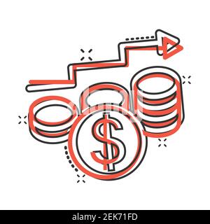 Income Rate erhöhen Symbol im Comic-Stil. Finanzen Leistung Cartoon Vektor-Illustration auf weißem Hintergrund isoliert. Münze mit Wachstumspfeil Splash Stock Vektor