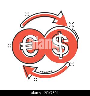 Symbol für den Geldwechsel im Comic-Stil. Dollar Euro Transfer Cartoon Vektor Illustration auf weißem isolierten Hintergrund. Splash-Effekt für Finanzprozesse Stock Vektor