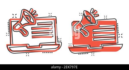 Laptop mit Megaphon-Lautsprechersymbol im Comic-Stil. Notebook Bullhorn Cartoon Vektor-Illustration auf weißem isolierten Hintergrund. spla für Computerabonnent Stock Vektor