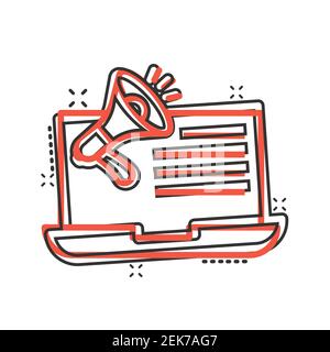 Laptop mit Megaphon-Lautsprechersymbol im Comic-Stil. Notebook Bullhorn Cartoon Vektor-Illustration auf weißem isolierten Hintergrund. spla für Computerabonnent Stock Vektor