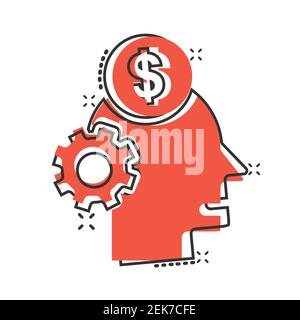 Menschlicher Kopf mit Geld-Ikone im Comic-Stil. Karriere Fortschritt Cartoon Vektor-Illustration auf weißem isolierten Hintergrund. Gesicht und Dollar Münze Splash effektiv Stock Vektor