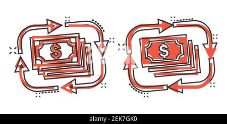 Income Rate erhöhen Symbol im Comic-Stil. Finanzen Leistung Cartoon Vektor-Illustration auf weißem Hintergrund isoliert. Münze mit Wachstumspfeil Splash Stock Vektor