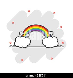 Cartoon farbigen Regenbogen mit Wolken Symbol im Comic-stil. Wetter Abbildung Piktogramm. Regenbogen Zeichen splash Geschäftskonzept. Stock Vektor