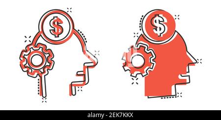 Menschlicher Kopf mit Geld-Ikone im Comic-Stil. Karriere Fortschritt Cartoon Vektor-Illustration auf weißem isolierten Hintergrund. Gesicht und Dollar Münze Splash effektiv Stock Vektor