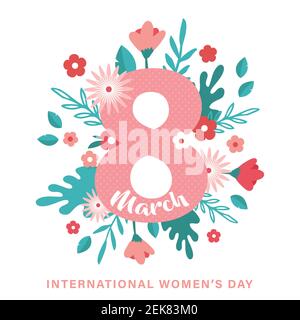 Grußkarte oder Postkartenvorlage für den Weltfrauentag. Happy Womens Day Karte mit Blumen. Moderne florale Vektor-Illustration für 8 März Stock Vektor
