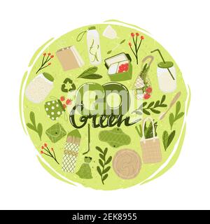 Go Green Lettering Print Vektorgrafik. „Zero Waste Lifestyle Motivation“-Slogan. Ökologische Umweltphrase. Handgezeichnetes Zitat Design für sho Stock Vektor