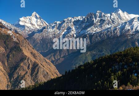 Mount Nanda Devi, eines der besten Reittiere im indischen Himalaya, von Joshimath Auli aus gesehen, Uttarakhand, Indien Stockfoto