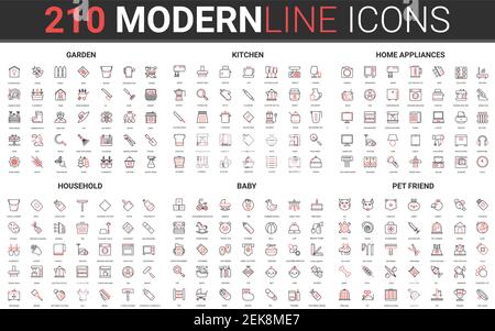 210 rot schwarz dünne Linie Haushalt moderne Ikone Set von Haushaltsgerät für die Küche Hausarbeit, Geschirr, Möbelwerkzeuge für Gartenarbeit und Babyspielzeug, Haustier-Zubehör Symbole Vektor-Illustration Stock Vektor