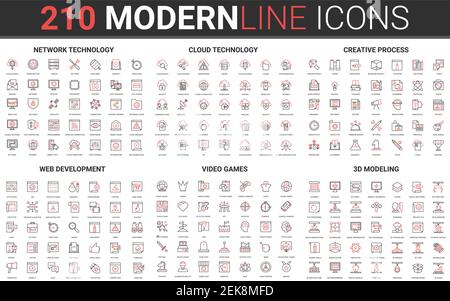 210 moderne rote schwarze dünne Linie Symbole Satz von Web-Entwicklung, Videospiele, 3D Modellierung, Netzwerktechnologie, Cloud-Daten-Technologie, Vektorgrafik für kreative Prozesssammlung. Stock Vektor