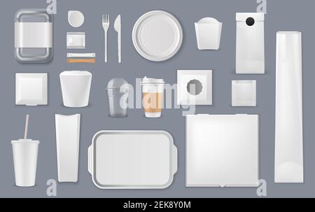 Lebensmittel und Getränke Verpackung Vektor Mockups. Leere Schablonen von Take-away-Boxen, Plastikverpackungen und Schaumstoffbehältern, Papiertüten, Tassen und Tabletts, Karton p Stock Vektor