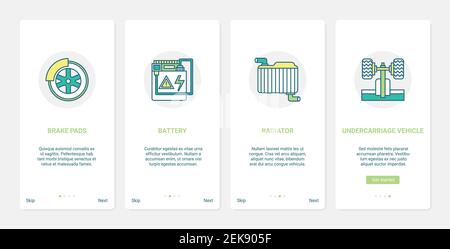 Kfz-Kfz-Teile, Auto-Reparatur-Garage, Shop oder Service-Center Vektor-Illustration. UX, UI Onboarding mobile App Seite Bildschirm mit Linie Automobil-Bremsbeläge Batterie Kühler Chassis Stock Vektor