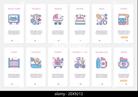 Geburt Baby Accessoire Vektor Illustration. UX, UI Onboarding mobile App Seite Bildschirm mit Linie Fütterung, Baby Kind medizinische Versorgung, Kindergarten Neugeborenen Artikel, Kleinkind Kinder Pflege Umrisssymbole Stock Vektor