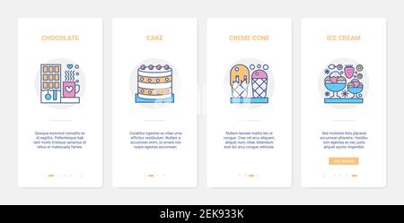 Fastfood süße Dessert für Lebensmittel Café oder Straßenmarkt Kiosk Vektor-Illustration. UX, UI Onboarding mobile App Seite Bildschirm mit Linie Schokoladenkuchen, Eis-Kegel und Tasse heißen Getränken Symbole Stock Vektor