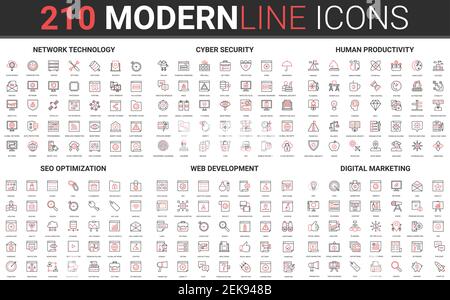 210 moderne rote schwarze dünne Linie Symbole Satz von digitalem Marketing, menschliche Produktivität, Netzwerktechnologie, Cyber-Sicherheit, SEO-Optimierung, Web-Entwicklung Sammlung Vektor Illustration. Stock Vektor