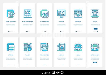 3D Modell Datei Verarbeitung Technologie Vektor Illustration. UX, UI Onboarding mobile App Seite Screen Set mit Linie robotischen Prozess der Verpackung, Einstellungen und visuelle Vorbereitung von Tech-Ressourcen Stock Vektor