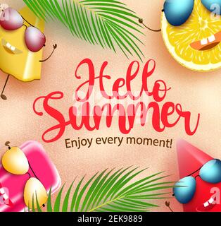 Hallo Sommer Charakter Vektor Banner Hintergrund. Hallo Sommer Text mit niedlichen tropischen Saison Früchte und Popsicle Zeichen in Sand Strand Hintergrund. Stock Vektor