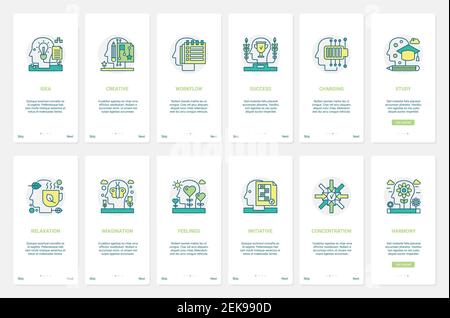 Gehirn Arbeit und Ruhe Entspannung Vektor Illustration. UX, UI Onboarding mobile App Seite Bildschirm mit Linie menschliches Gehirn in Erfolg Workflow-Prozess, kreative Phantasie und glückliche Gefühle Symbole gesetzt Stock Vektor