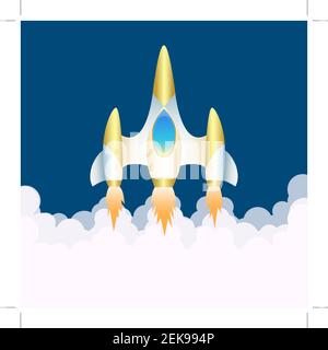 Raumschiff. Vertikaler Start des Shuttles in Rauchclubs. Bild für Kinder. Raumdesign. Starthintergrund. Vektorgrafik. Stock Vektor