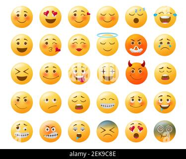 Smileys Emoticon Vektorset. Smiley gelbe Emoji mit glücklich, verliebt, traurig und wütend Mimik und Emotionen für Icon Kollektion Design. Stock Vektor