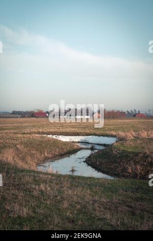 Kleiner Wasserstrom mit Schneeschmelze in kaltem Ackerland Landschaft in Südschweden Stockfoto