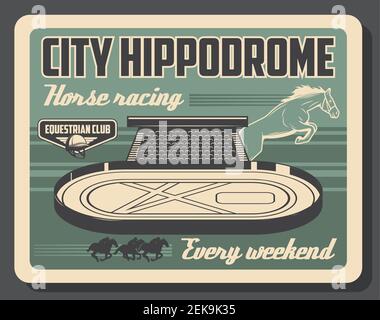 Hippodrome, Pferderennen Sport Vintage Poster. Vector Pferderennen Training und Pferdeclub Meisterschaft Turnier auf Pferderennbahn Arena mit Bar Stock Vektor