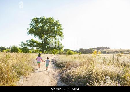 Das Mädchen hält die Hand des Bruders, während es auf der Wiese auf der Straße steht Stockfoto