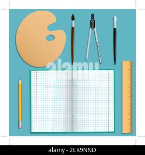 Set von Schreibwaren für Schule und kreative Arbeit. Isolierte Objekte. Türkisfarbener Hintergrund. Vektorgrafiken. Stock Vektor