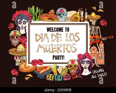 Day of the Dead Mexikanischer Feiertagsschädel, Dia de los Muertos Catrina und Halloween Skelett Skizze. Death Festival Party Vektor-Design mit Essen und drin Stock Vektor