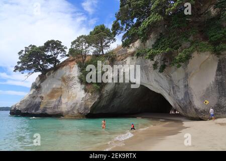 Der berühmte Felsbogen in Cathedral Cove, ein beliebtes Touristenziel auf der Coromandel Peninsula, Neuseeland Stockfoto