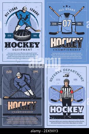 Eishockey Sport Vintage Poster oder Spieler Team, Outfit und Ausrüstung. Vector Eishockey Puck und Stick, vorwärts oder Verteidiger und Torhüter Uniform Stock Vektor