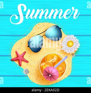 Sommer Vektor Konzept Design. Sommertext mit Sonnenbrille, Gänseblümchen und Orangensaft im Sandhaufen mit blauer Holzstruktur Hintergrund für tropische. Stock Vektor