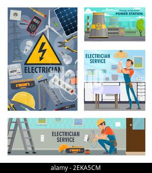 Strom und Energie, Elektriker Reparatur-Service. Vector Elektrowerkzeuge, Spannungsprüfer, Elektriker Mann mit Lampe Glühbirne oder Steckdose, po Stock Vektor