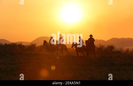 Die Silhouette von Reiter als Cowboy Outfit Kostüm mit einem Pferde und ein Gewehr in der Hand gegen Rauch gehalten Und Sonnenuntergang Hintergrund Stockfoto