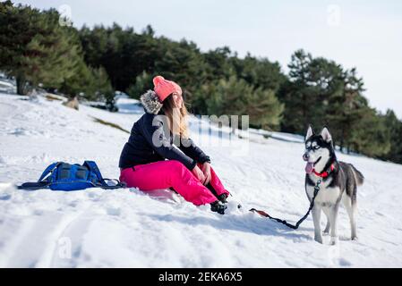 Mittlere Erwachsene Frau mit sibirischen Husky auf schneebedecktem Feld Im Winter Stockfoto
