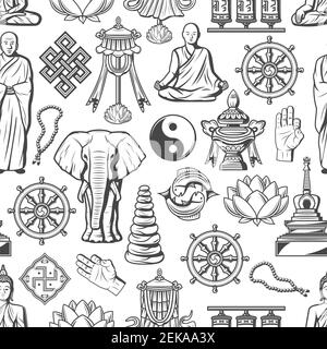 Buddhismus Symbole und Zen Dharma religiöse Symbole nahtlose Muster. Vektor Buddha Mönch Mudra, Yin Yang Fisch Zeichen oder Tempel Trommeln, Elefant und Buddhist Stock Vektor
