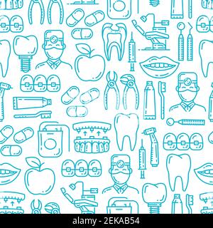 Zahnmedizin nahtlose Patter. Vektor Hintergrund der Zahnmedizin Linie Symbole, Zahnarzt Arzt mit Zahnimplantat, Apfel und Lächeln oder kieferorthopädische Zahnspangen a Stock Vektor