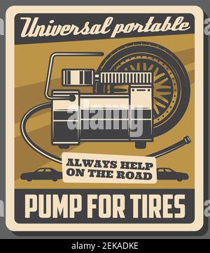 Auto-Service und Fahrzeuge Reparaturstation Retro-Poster. Vector Auto Transport Reifen Pumpen, universelle tragbare Luftpumpe, Garage Service und mecha Stock Vektor